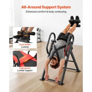 inversion table, 300 lbs capacity heavy duty inverted table, back inverter stretcher with dual roller locking, decompression tables for shoulders, neck, back, multi angle adjustable tether strap