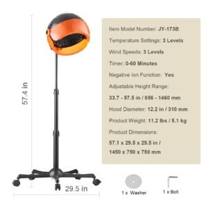 ionic hood dryer, 1875w pro bonnet hair dryer, timer, 3 temperature levels & adjustable speed, mobile floor stand with wheels for salon & home spa
