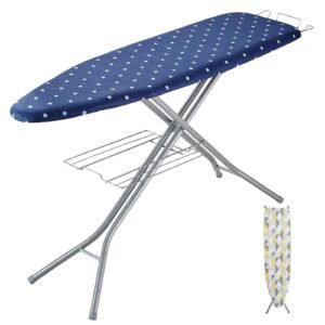 ironing board with bottom storage tray, thickened 4 layers iron board with heat resistant cover and 100% cotton cover, 10 adjustable heights ironing board for home laundry room use (size 55x15)