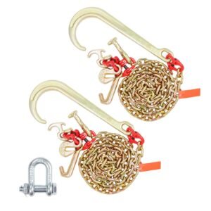 j hook chain, 2pcs 5/16" x 6' g80 15" long shank j hook tow chain with rtj cluster hook & grab hook, 5400 lbs working load, heavy duty transport truck chain for wrecker recovery trailer towing