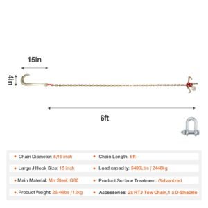 j hook chain, 2pcs 5/16" x 6' g80 15" long shank j hook tow chain with rtj cluster hook & grab hook, 5400 lbs working load, heavy duty transport truck chain for wrecker recovery trailer towing