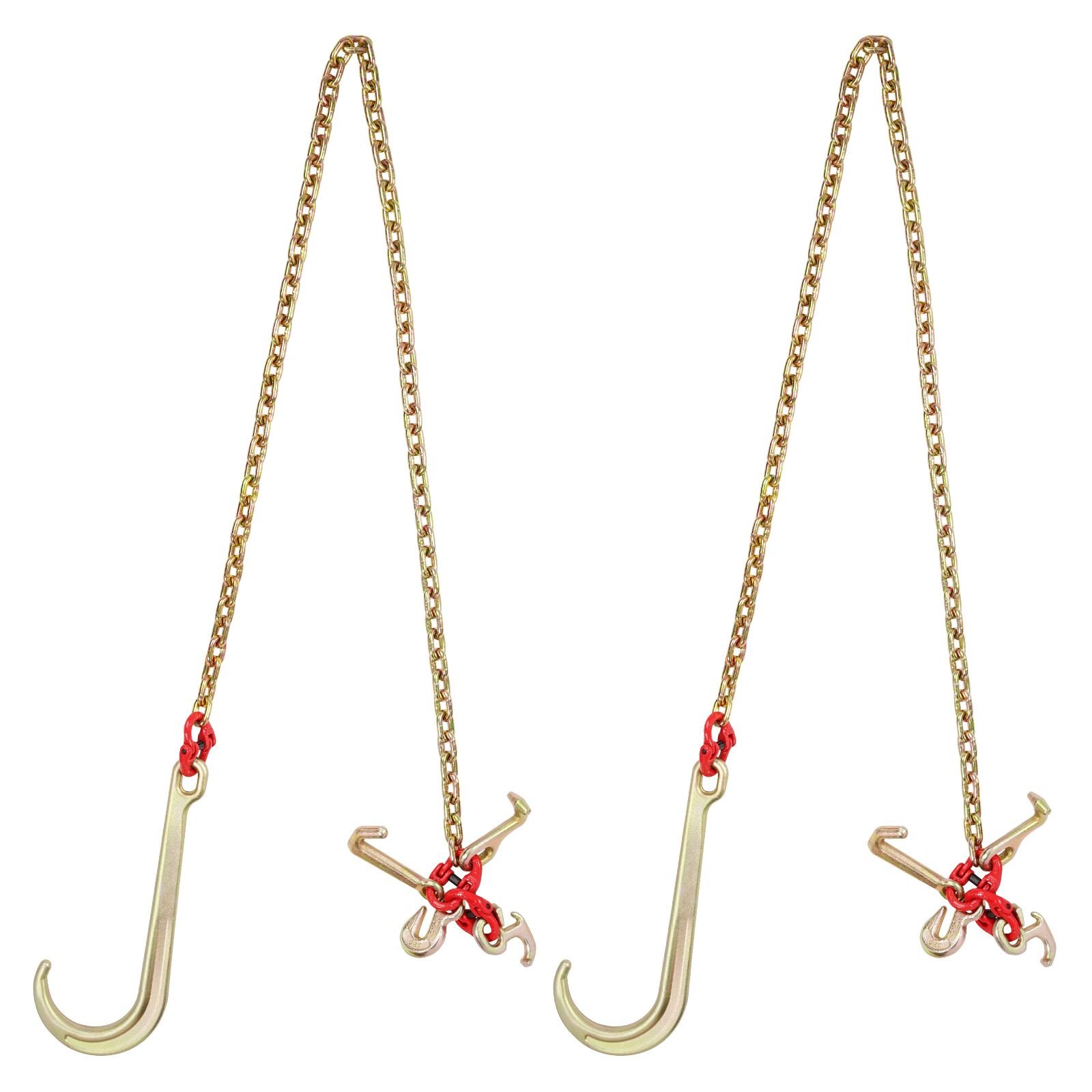 j hook chain, 2pcs 5/16" x 6' g80 15" long shank j hook tow chain with rtj cluster hook & grab hook, 5400 lbs working load, heavy duty transport truck chain for wrecker recovery trailer towing