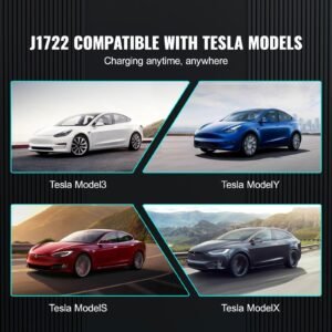 j1772 to tesla charger adapter, 80 amp 240v ac, sae j1772 ev charging adapter to tesla plug, with storage bag anti drop lock ip65 material, compatible with tesla model 3, y, s, x