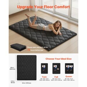 japanese tatami mat, full size foldable japanese tatami mattress, futon mattress with storage bag & fastener, 9 layer floor mat for sleeping, dormitory, meditation, yoga, 80 x 54 x 3.5 in, black