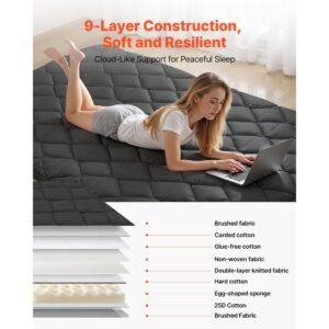 japanese tatami mat, full size foldable japanese tatami mattress, futon mattress with storage bag & fastener, 9 layer floor mat for sleeping, dormitory, meditation, yoga, 80 x 54 x 3.5 in, black