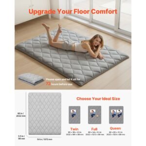 japanese tatami mat, full size foldable japanese tatami mattress, futon mattress with storage bag & fastener, 9 layer floor mat for sleeping, dormitory, meditation, yoga, 80 x 54 x 3.5 in, gray