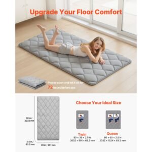 japanese tatami mat, twin size foldable japanese tatami mattress, futon mattress with storage bag & fastener, 9 layer floor mat for sleeping, dormitory, meditation, yoga, 80 x 39 x 2.5 in, gray