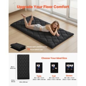 japanese tatami mat, twin size foldable japanese tatami mattress, futon mattress with storage bag & fastener, 9 layer floor mat for sleeping, dormitory, meditation, yoga, 80 x 39 x 3.5 in, black