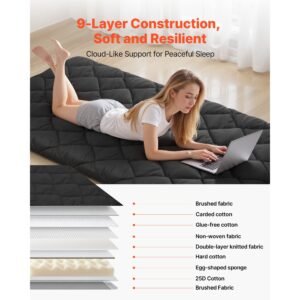 japanese tatami mat, twin size foldable japanese tatami mattress, futon mattress with storage bag & fastener, 9 layer floor mat for sleeping, dormitory, meditation, yoga, 80 x 39 x 3.5 in, black