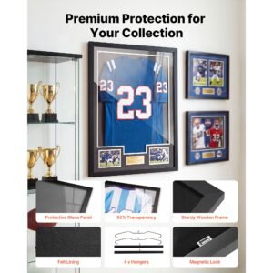 jersey frame display case, 31.3 x 23.2 in, wooden sport jersey shadow box with 98% uv protection pc panel and hanger, magnetic lock, for baseball basketball football hockey shirt uniform, 2 pack