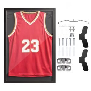 Jersey Frame Display Case, 31.5 x 23.6 x 1 in, Wooden Sport Jersey Shadow Box with 98% UV Protection PC Panel and Hanger, for Baseball Basketball Football Hockey Shirt Sport and Uniform, Black