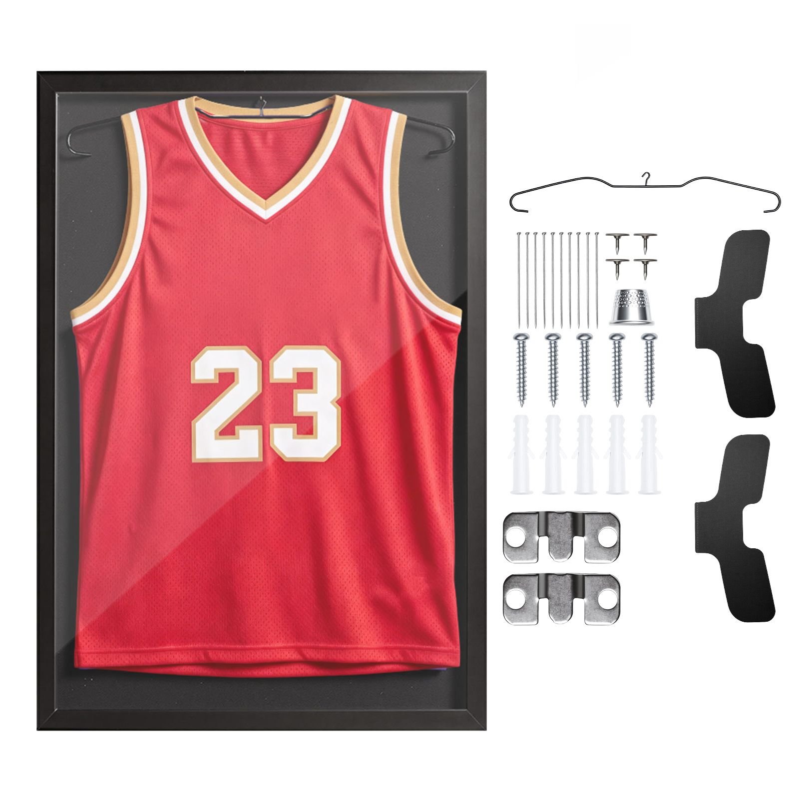 jersey frame display case, 31.5 x 23.6 x 1 in, wooden sport jersey shadow box with 98% uv protection pc panel and hanger, for baseball basketball football hockey shirt sport and uniform, black