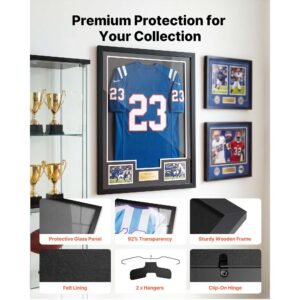 jersey frame display case, 35.4 x 27.6 x 1.2 in, wooden sport jersey shadow box with 98% uv protection pc panel and hanger, for baseball basketball football hockey shirt sport uniform, black