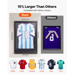 jersey frame display case, 35.4 x 27.6 x 1.2 in, wooden sport jersey shadow box with 98% uv protection pc panel and hanger, for baseball basketball football hockey shirt sport uniform, black