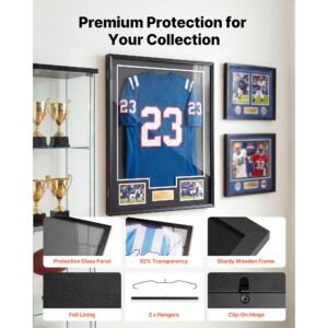 jersey frame display case, 35.4 x 27.6 x 1.5 in, lockable wooden sport jersey shadow box with 98% uv protection pc panel and hanger, for baseball basketball football hockey shirt and uniform