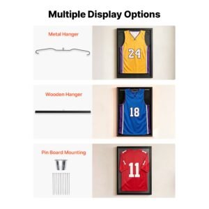 jersey frame display case, 35.4 x 27.6 x 1.5 in, lockable wooden sport jersey shadow box with 98% uv protection pc panel and hanger, for baseball basketball football hockey shirt and uniform