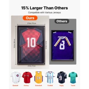 jersey frame display case, 35.4 x 27.6 x 1.5 in, lockable wooden sport jersey shadow box with 98% uv protection pc panel and hanger, for baseball basketball football hockey shirt and uniform