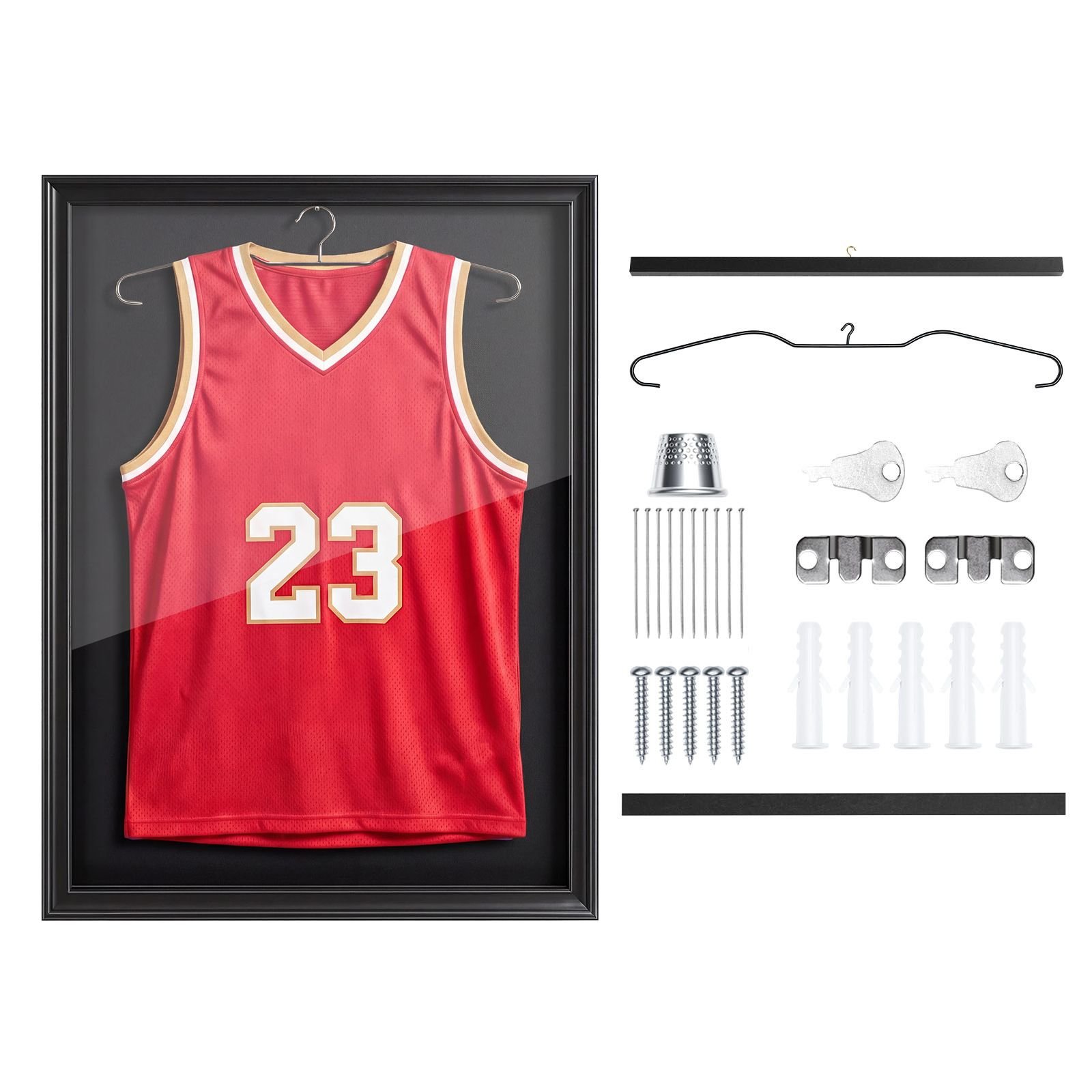 jersey frame display case, 35.4 x 27.6 x 1.5 in, lockable wooden sport jersey shadow box with 98% uv protection pc panel and hanger, for baseball basketball football hockey shirt and uniform
