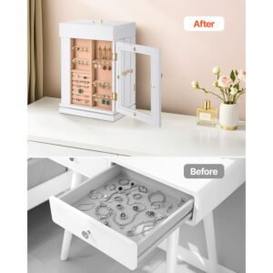 jewelry box, 360° rotating jewelry organizer with magnetic door, acrylic window and built in 4 necklace hooks, spacious storage case with metal handles, bottom pad and soft flannel lining, white