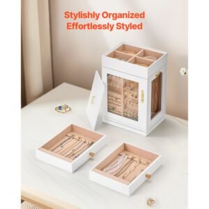 jewelry box, 360° rotating jewelry organizer with magnetic door, acrylic window and built in 4 necklace hooks, spacious storage case with metal handles, bottom pad and soft flannel lining, white