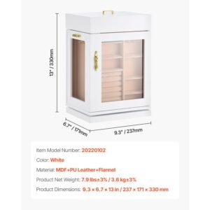jewelry box, 360° rotating jewelry organizer with magnetic door, acrylic window and built in 4 necklace hooks, spacious storage case with metal handles, bottom pad and soft flannel lining, white