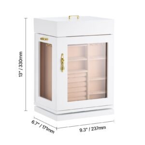 jewelry box, 360° rotating jewelry organizer with magnetic door, acrylic window and built in 4 necklace hooks, spacious storage case with metal handles, bottom pad and soft flannel lining, white