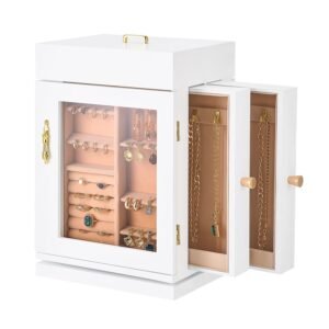 jewelry box, 360° rotating jewelry organizer with magnetic door, acrylic window and built in 4 necklace hooks, spacious storage case with metal handles, bottom pad and soft flannel lining, white