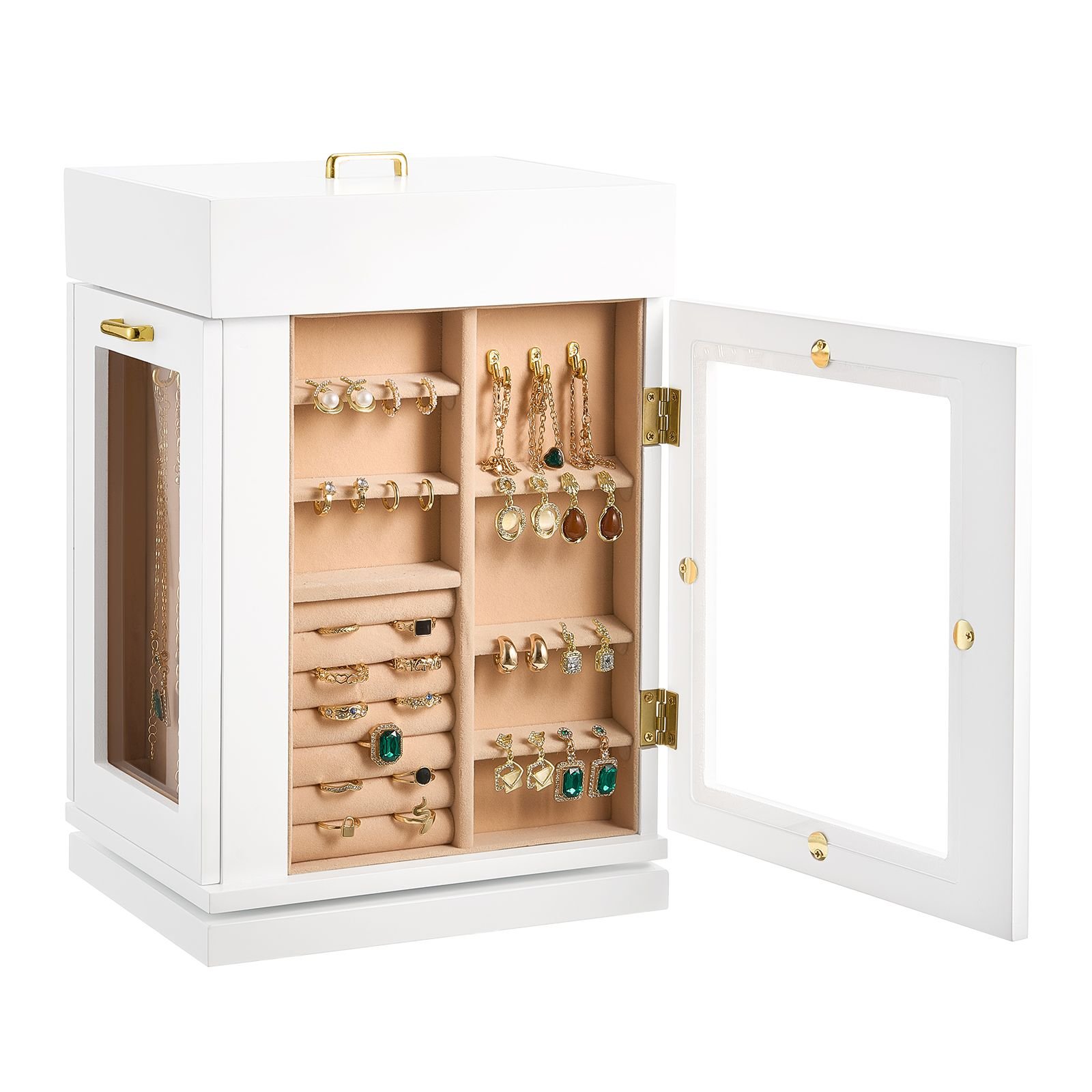 jewelry box, 360° rotating jewelry organizer with magnetic door, acrylic window and built in 4 necklace hooks, spacious storage case with metal handles, bottom pad and soft flannel lining, white