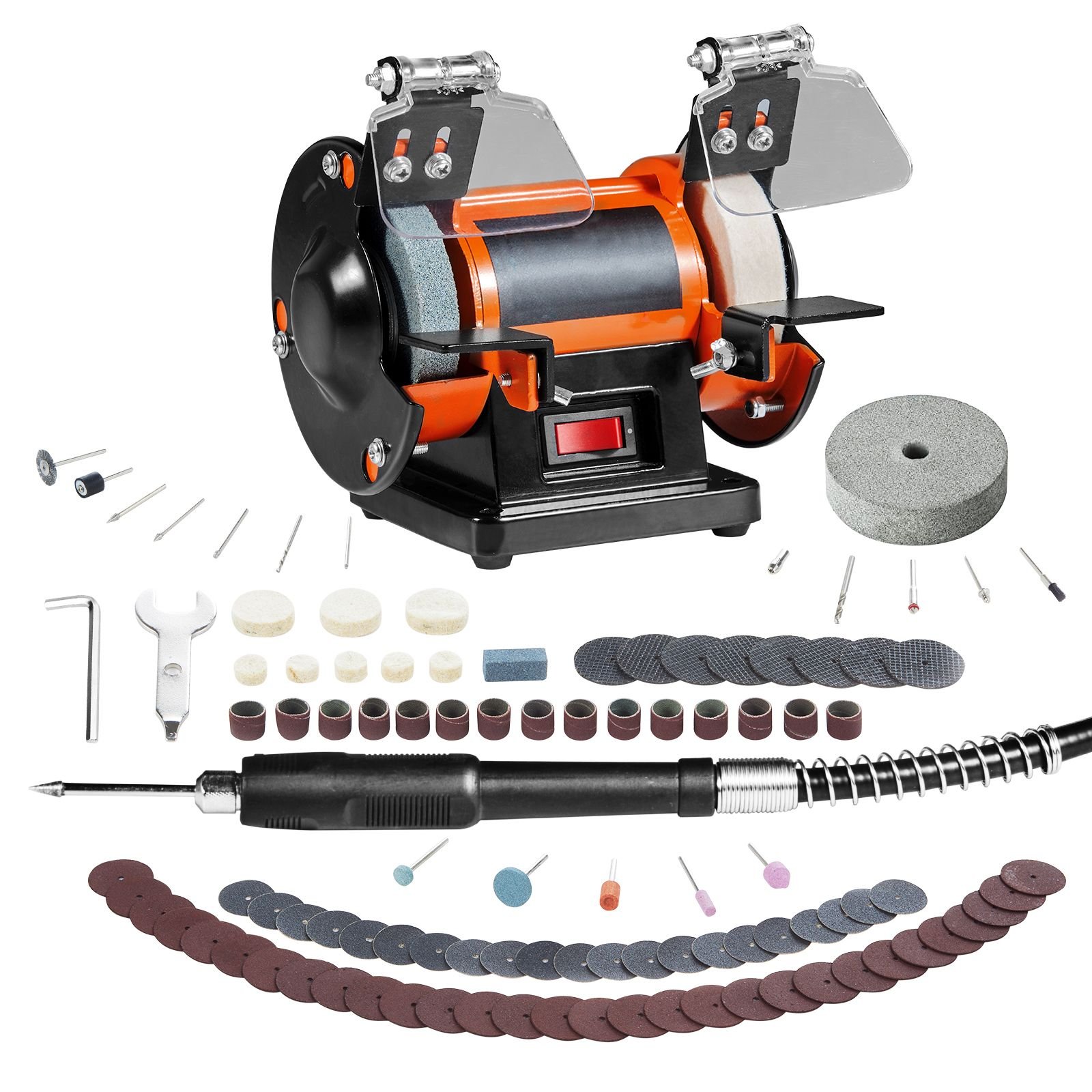 jewelry polisher, bench grinder polishing & buffing machine, 3590rpm bench lathe polisher with 1 wool wheel & 1 abrasive fiber wheel & 1 grinding wheel & 100pcs tools