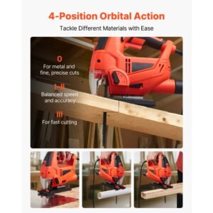 jig saw, 6.5 amp, 3000 spm blade speed, electric jigsaw with 6 pcs blades, led light, 6 variable speed, 0 45° bevel cuts, 4 orbital settings for straight/circle cutting, for wood and metal