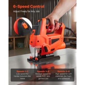 jig saw, 6.5 amp, 3000 spm blade speed, electric jigsaw with 6 pcs blades, led light, 6 variable speed, 0 45° bevel cuts, 4 orbital settings for straight/circle cutting, for wood and metal