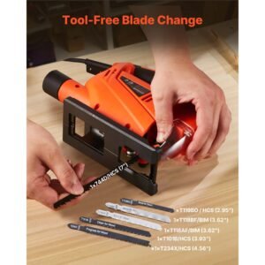 jig saw, 6.5 amp, 3000 spm blade speed, electric jigsaw with 6 pcs blades, led light, 6 variable speed, 0 45° bevel cuts, 4 orbital settings for straight/circle cutting, for wood and metal