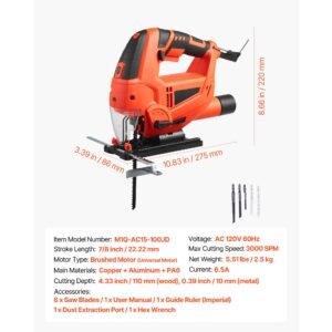 jig saw, 6.5 amp, 3000 spm blade speed, electric jigsaw with 6 pcs blades, led light, 6 variable speed, 0 45° bevel cuts, 4 orbital settings for straight/circle cutting, for wood and metal