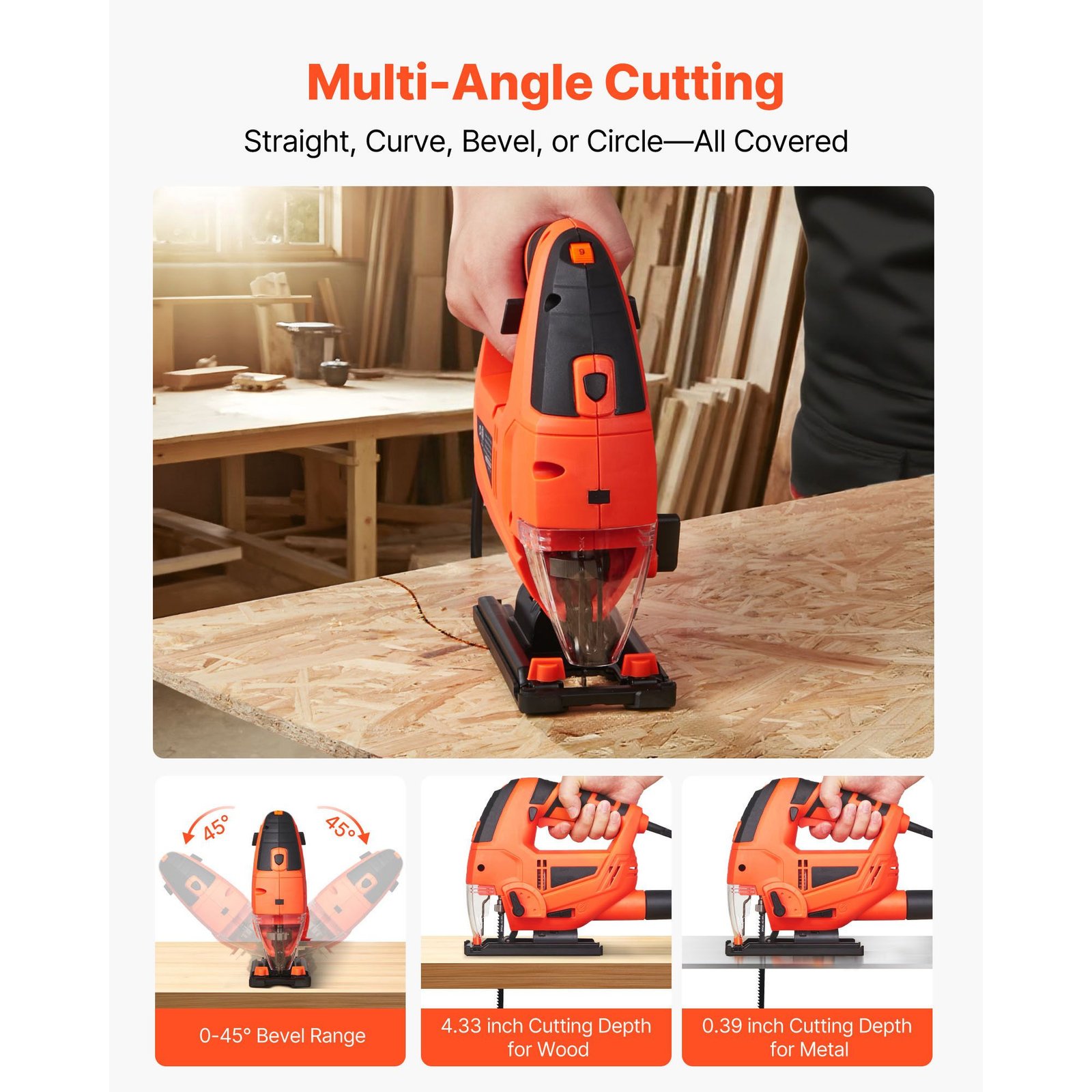 jig saw, 6.5 amp, 3000 spm blade speed, electric jigsaw with 6 pcs blades, led light, 6 variable speed, 0 45° bevel cuts, 4 orbital settings for straight/circle cutting, for wood and metal