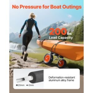 kayak cart, 200 lbs load capacity, foldable kayak trolley with 10 inch solid rubber tires & 1 ratchet strap, paddle board trolley for carrying kayaks, canoes, paddleboards, float mats, jon boats