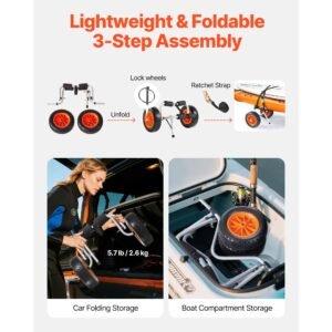 kayak cart, 200 lbs load capacity, foldable kayak trolley with 10 inch solid rubber tires & 1 ratchet strap, paddle board trolley for carrying kayaks, canoes, paddleboards, float mats, jon boats