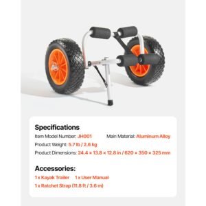 kayak cart, 200 lbs load capacity, foldable kayak trolley with 10 inch solid rubber tires & 1 ratchet strap, paddle board trolley for carrying kayaks, canoes, paddleboards, float mats, jon boats
