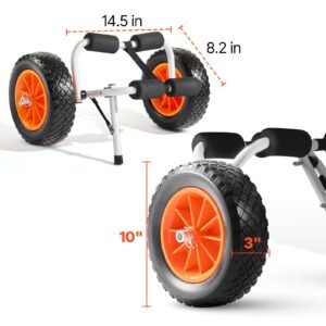 kayak cart, 200 lbs load capacity, foldable kayak trolley with 10 inch solid rubber tires & 1 ratchet strap, paddle board trolley for carrying kayaks, canoes, paddleboards, float mats, jon boats