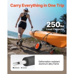 kayak cart, 250 lbs load capacity, foldable kayak trolley with 10 inch solid rubber tires & 1 ratchet strap, paddle board trolley for carrying kayaks, canoes, paddleboards, float mats, jon boats