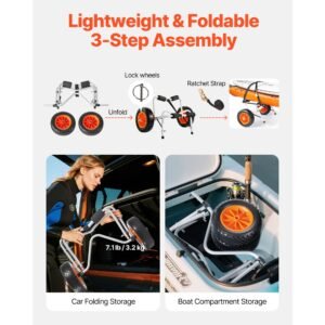 kayak cart, 250 lbs load capacity, foldable kayak trolley with 10 inch solid rubber tires & 1 ratchet strap, paddle board trolley for carrying kayaks, canoes, paddleboards, float mats, jon boats