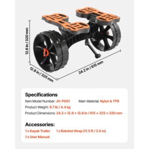kayak cart, 300 lbs load capacity, foldable kayak trolley with 10 inch solid rubber tires & 1 ratchet strap, paddle board trolley for carrying kayaks, canoes, paddleboards, float mats, jon boats