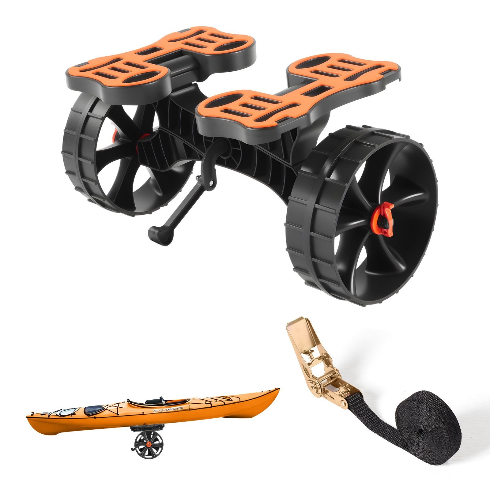 kayak cart, 300 lbs load capacity, foldable kayak trolley with 10 inch solid rubber tires & 1 ratchet strap, paddle board trolley for carrying kayaks, canoes, paddleboards, float mats, jon boats
