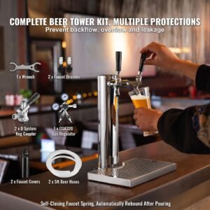 kegerator tower kit, dual taps beer conversion kit, stainless steel keg beer tower dispenser with dual gauge cga320 regulator & d system keg coupler, beer drip tray for party home