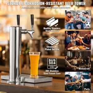 kegerator tower kit, dual taps beer conversion kit, stainless steel keg beer tower dispenser with dual gauge cga320 regulator & d system keg coupler, beer drip tray for party home