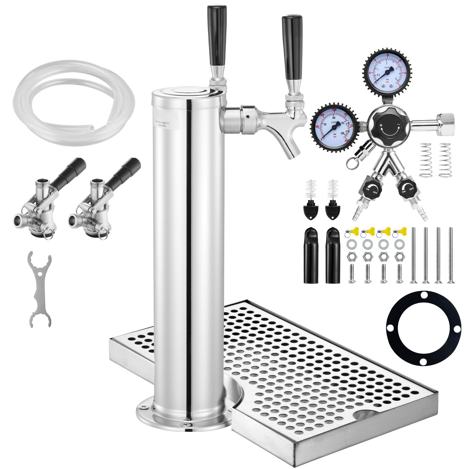 kegerator tower kit, dual taps beer conversion kit, stainless steel keg beer tower dispenser with dual gauge cga320 regulator & d system keg coupler, beer drip tray for party home