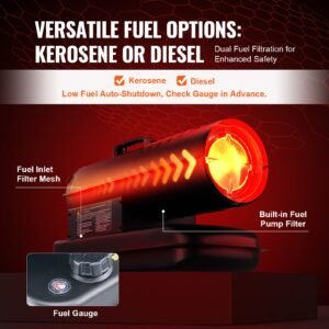 kerosene forced air heater, 70000 btu portable torpedo diesel space heater with thermostat, 5 gallon tank energy efficient heavy duty heater, for indoor outdoor use workshop industry