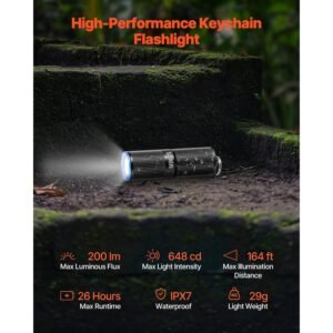 keychain flashlight, rechargeable mini led flashlight, 200 high lumens pocket sized flashlight with 2 lighting modes, ipx7 waterproof portable flashlight for everyday carry, camping, emergencies