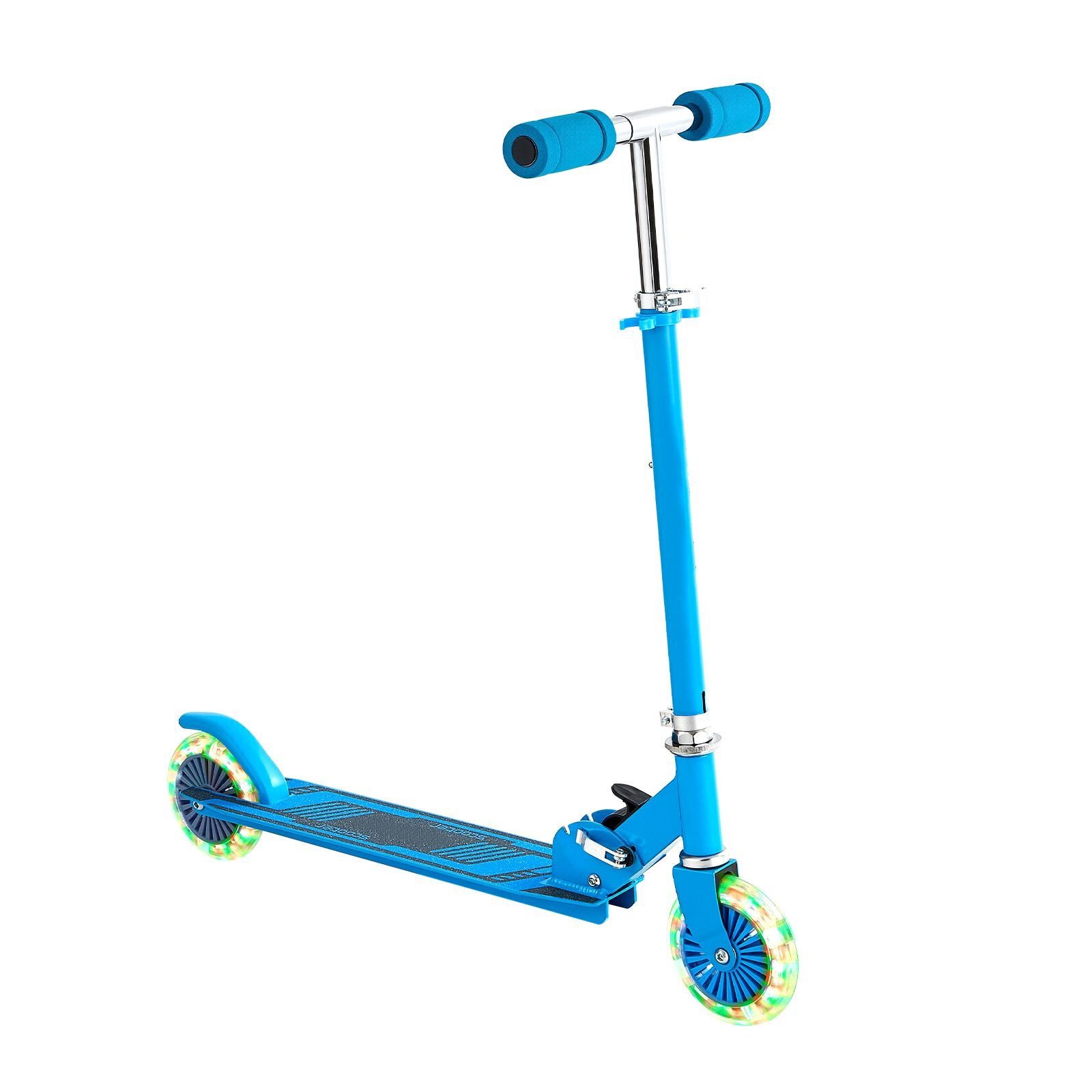 kick scooter for kids ages 3+, 2 wheel toddler scooter with light up wheels, adjustable height handlebar, wide anti slip deck, foldable lightweight frame for boys & girls up to 110 lbs, blue