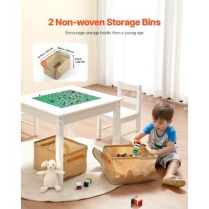 kids activity table and 2 chairs set, building blocks double sided tabletop, toddler table and chair set with storage for kids 3+ years, large storage space, present for boys & girls, white