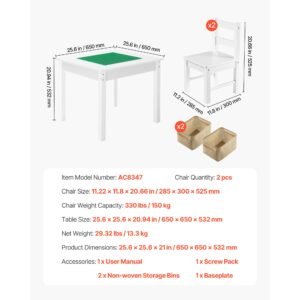 kids activity table and 2 chairs set, building blocks double sided tabletop, toddler table and chair set with storage for kids 3+ years, large storage space, present for boys & girls, white